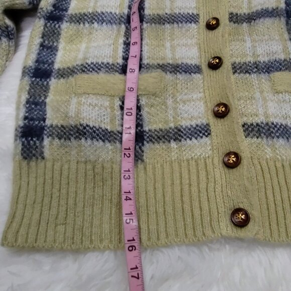 Tory Burch Light Green Mohair-Blend Plaid Brushed Intarsia-Knit Cardigan Medium - Picture 14 of 15